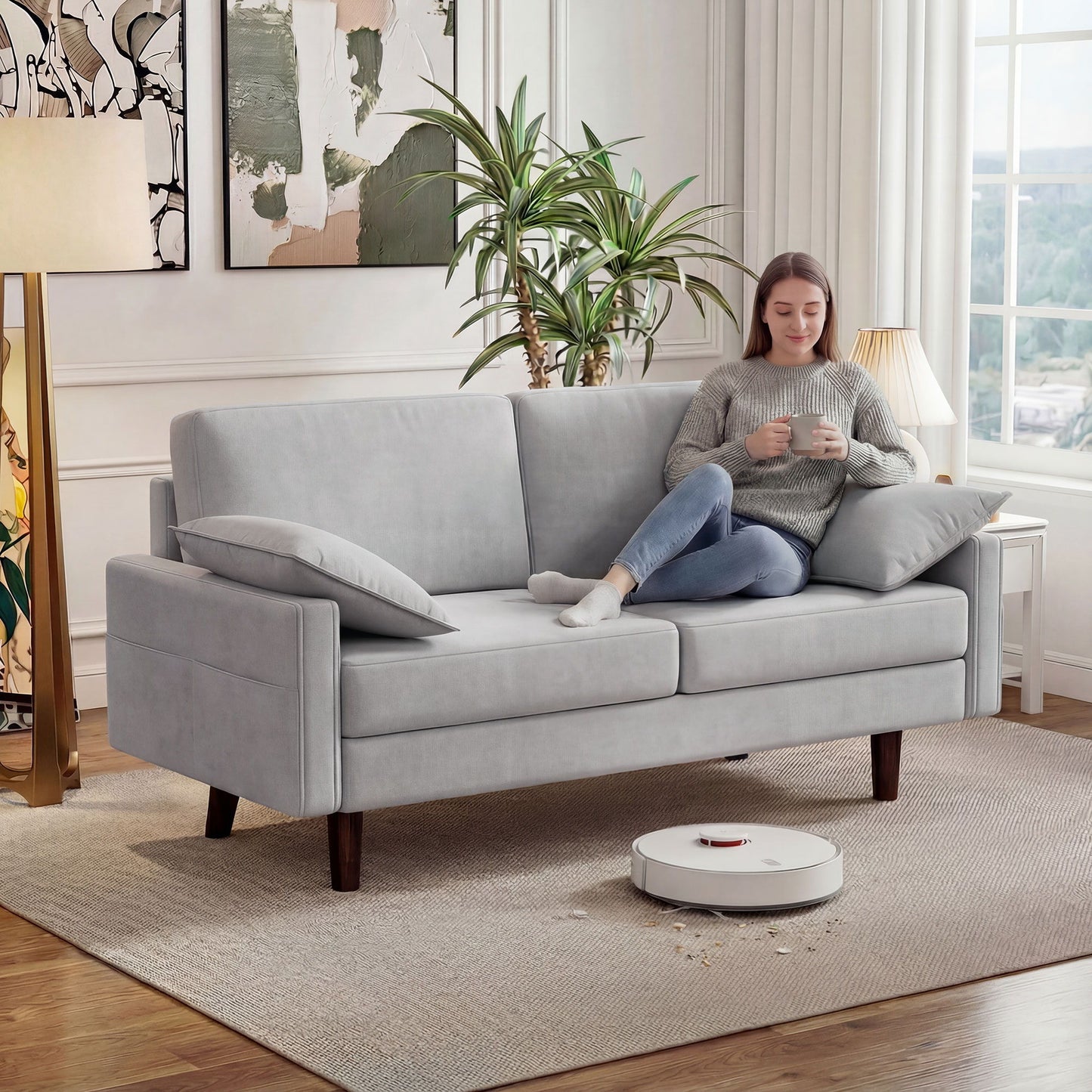 3 Seater Sofa, Velvet Upholstered Couch with Spring Cushions, Rubber Wood Legs and 2 Pillows, Grey