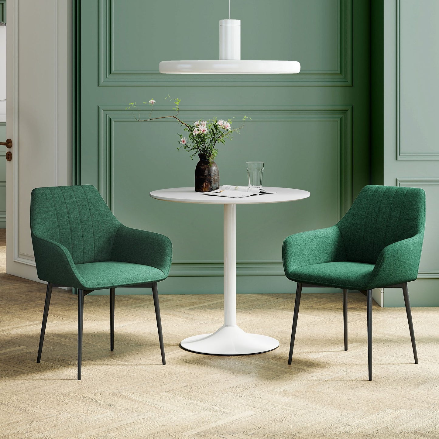 Dining Chairs Set of 2, Upholstered Linen Fabric Accent Chairs with Metal Legs, Dark Green