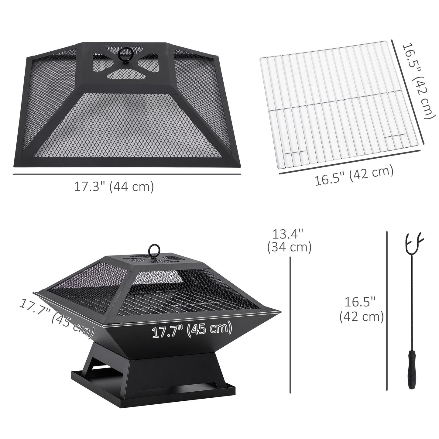 17.7" Wood Burning Portable Fire Pit, Outdoor Firepit with Cooking BBQ Grill, Spark Screen, Poker for Backyard, Black