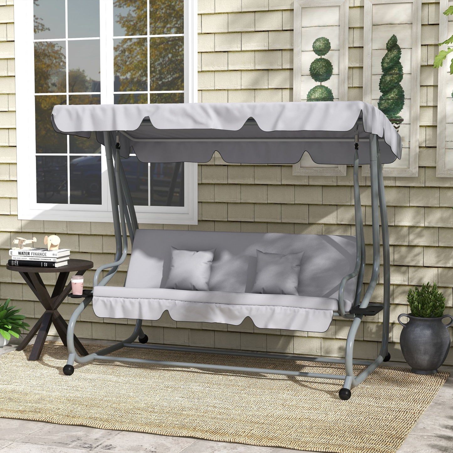 Outdoor 3-Seater Patio Swing Chair, Outdoor Swing Seat, with Adjustable Canopy and Two Pillows for Garden, Light Grey
