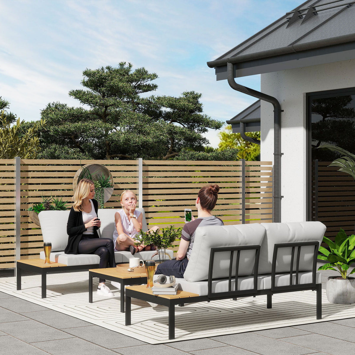 4 Piece L Shaped Garden Furniture Set, 4 Seater Outdoor Corner Garden Set, 2 Loveseats, 2 Coffee Tables, Teak