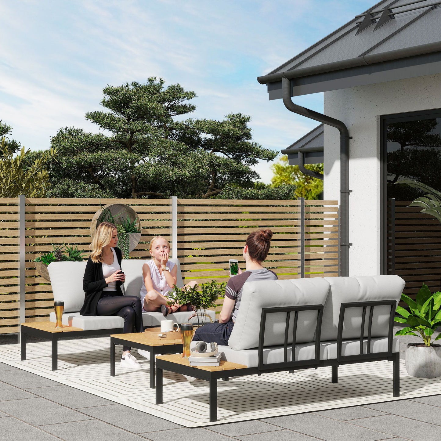 4 Piece L Shaped Garden Furniture Set, 4 Seater Outdoor Corner Garden Set, 2 Loveseats, 2 Coffee Tables, Teak