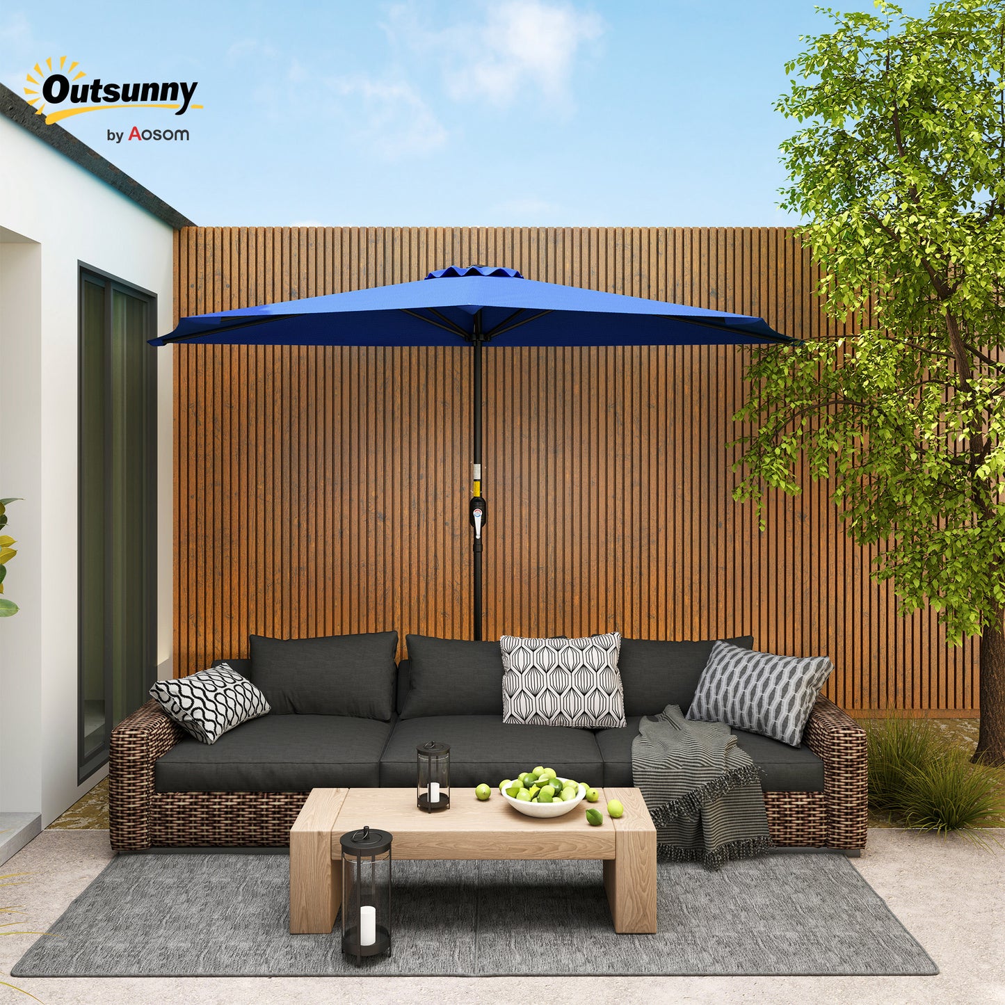 9ft Deep Blue Half Round Umbrella with 5 Ribs