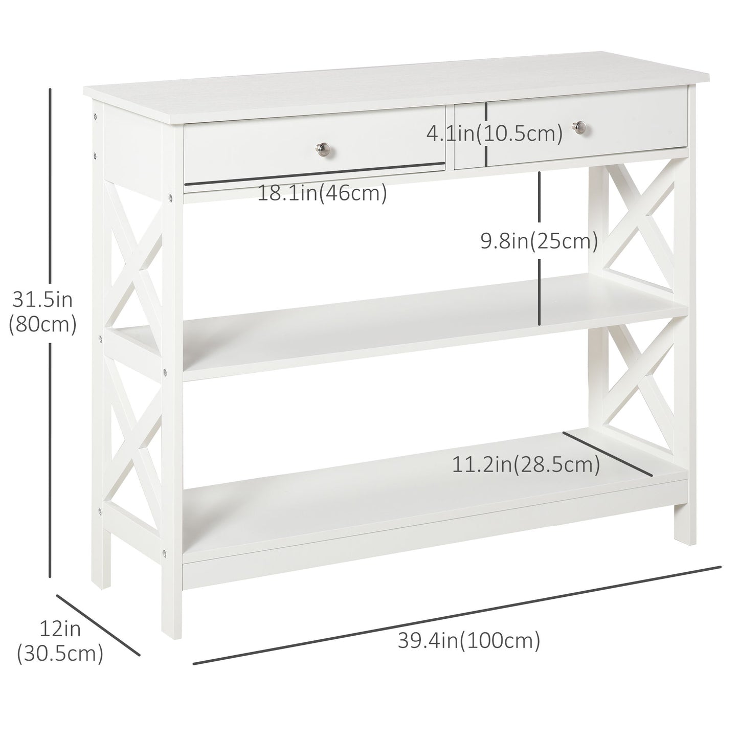 39" Console Table, Narrow Entryway Table with Storage Shelves, Drawers and X Frame for Behind Couch, Living Room, Hallway, White