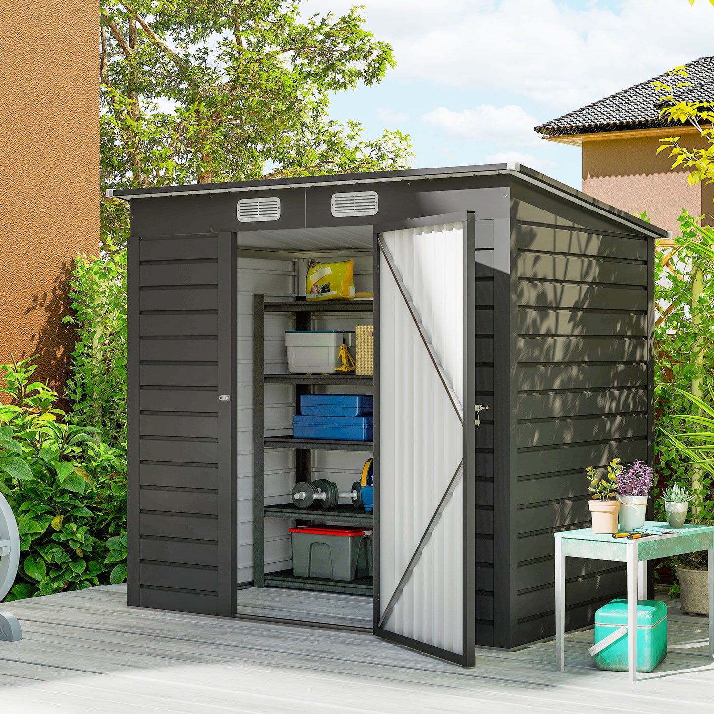 6 x 4FT Galvanized Garden Storage Shed, Metal Outdoor Shed with Double Doors and 2 Vents, Grey