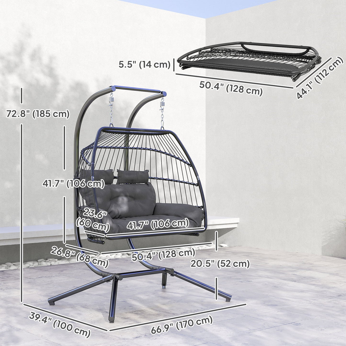 Double Wicker Egg Swing Chair with Stand, Foldable Hanging Egg Chair with UV Resistant Cushion, Headrest, Dark Grey