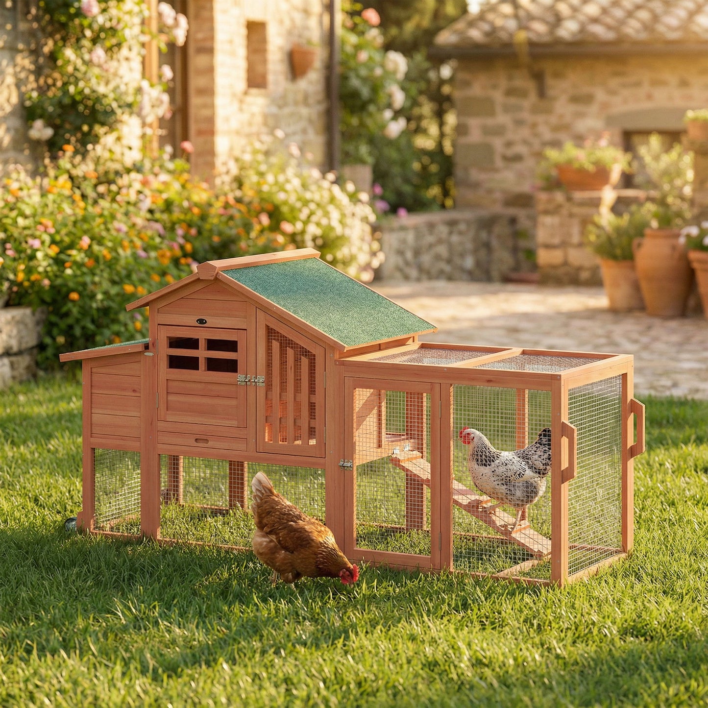 Chicken Coop with Run Mobile Wooden Hen House with Nesting Box Pull-out Tray for 1-2 Chickens Orange