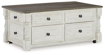 Havalance - Lift Top Cocktail Table with Storage Drawers - White / Gray