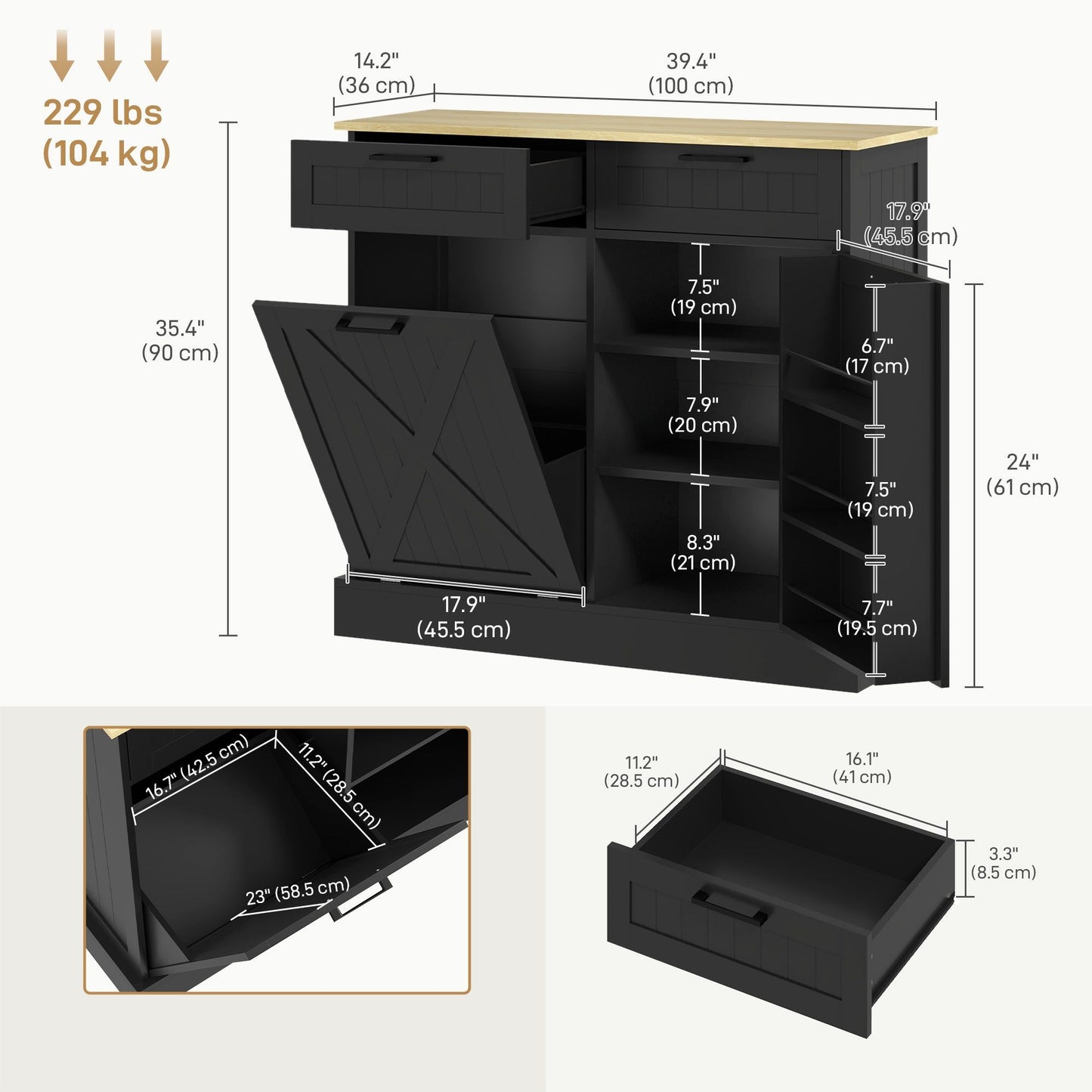 10-Gallon Tilt-Out Trash Cabinet with 2 Drawers - Black