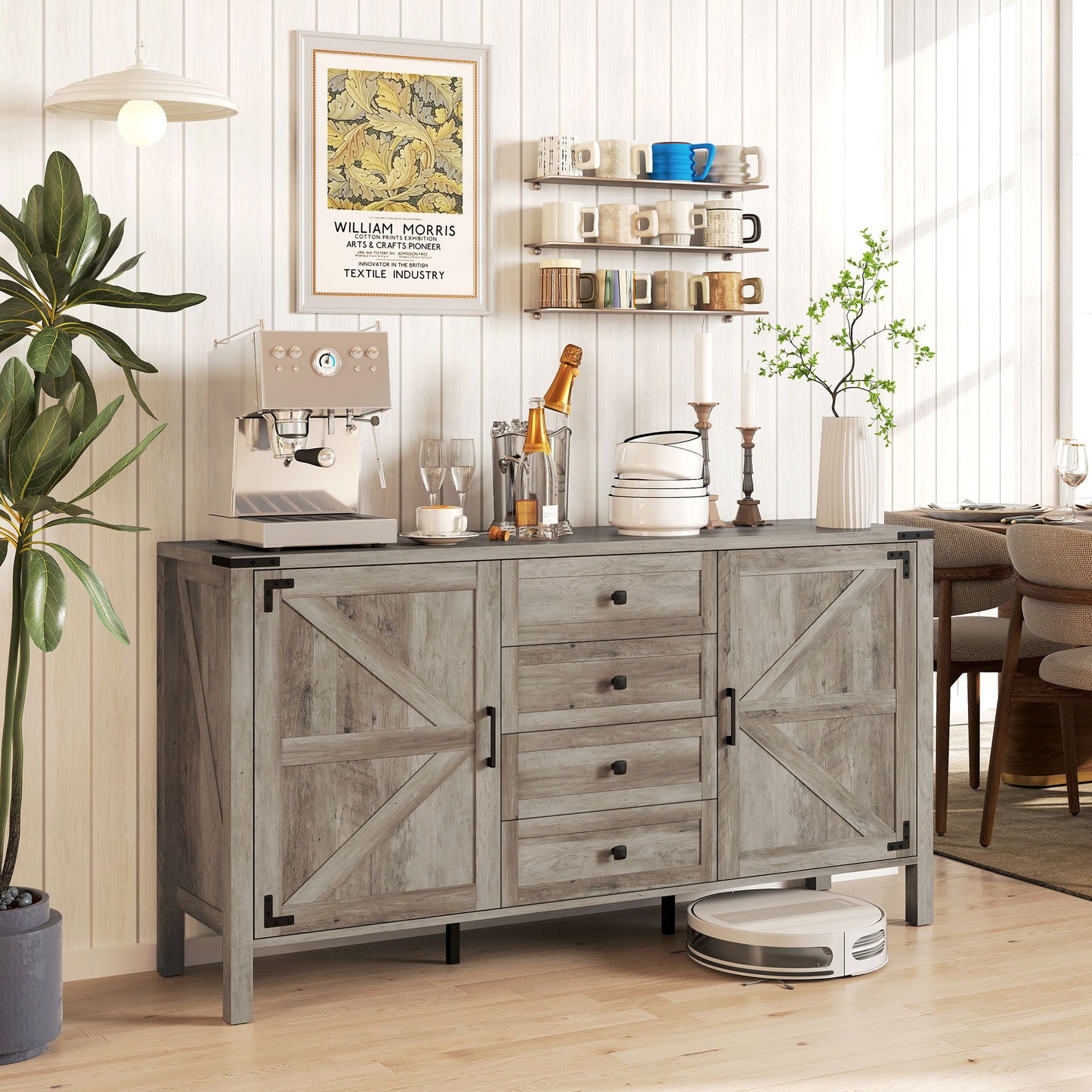 59" Buffet Cabinet, Farmhouse Sideboard with Thick Top, 2 Barn Doors, 4 Drawers and 2 Adjustable Shelves, Grey