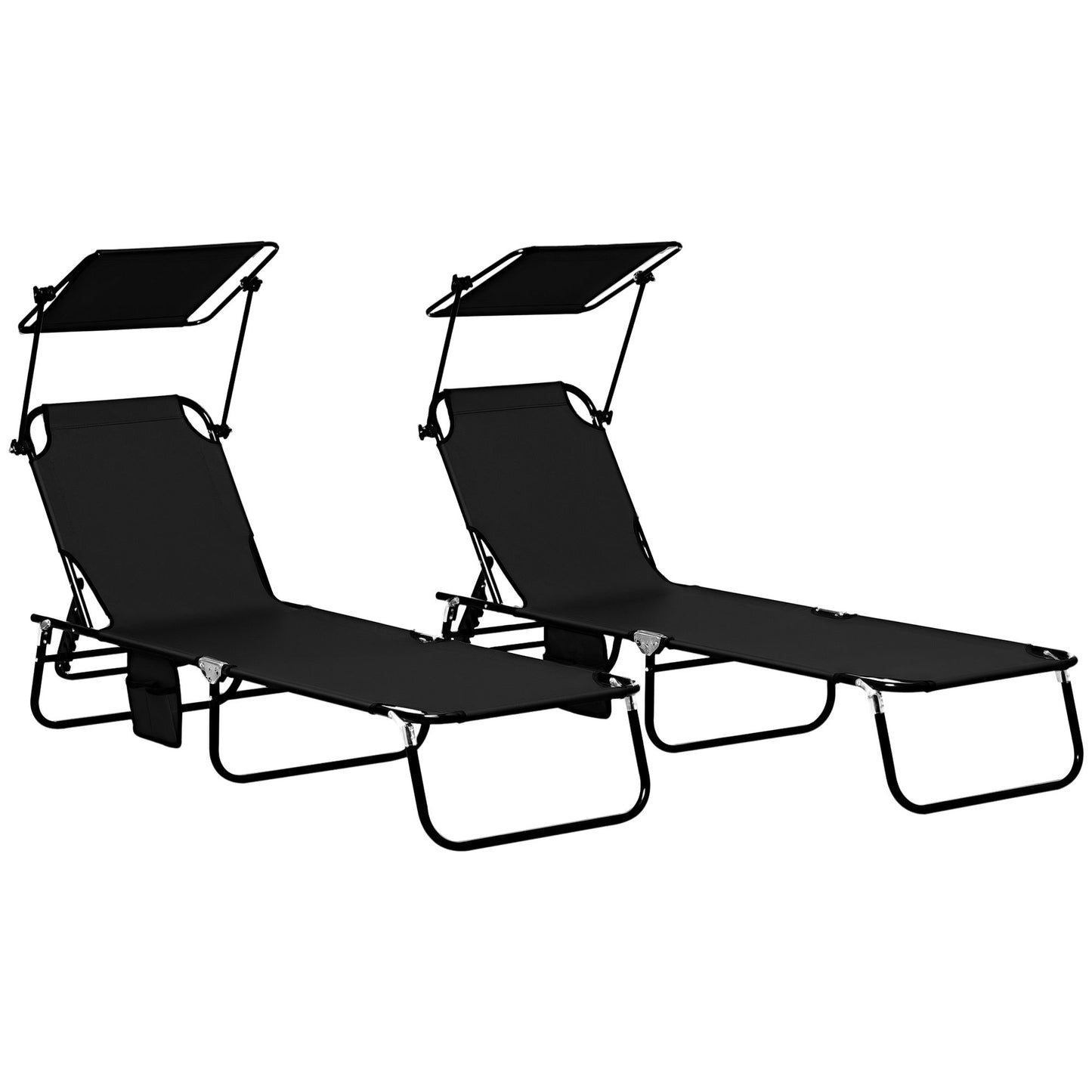 2 Piece Folding Outdoor Chaise Lounges, Pool, Sun, Tanning Chairs with Reclining Back, Sunshade for Beach, Patio, Black