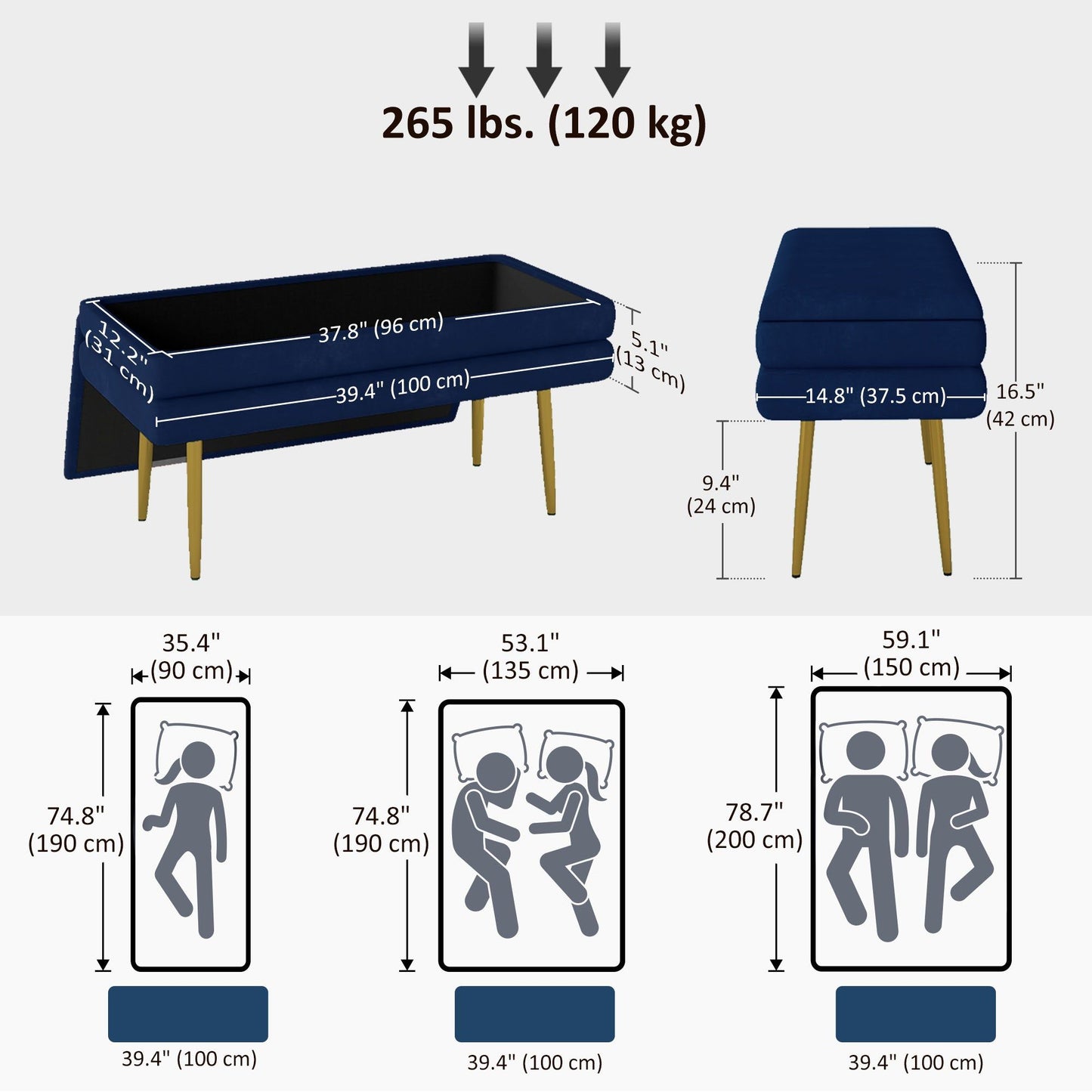 39" Velvet Storage Bench with Steel Legs