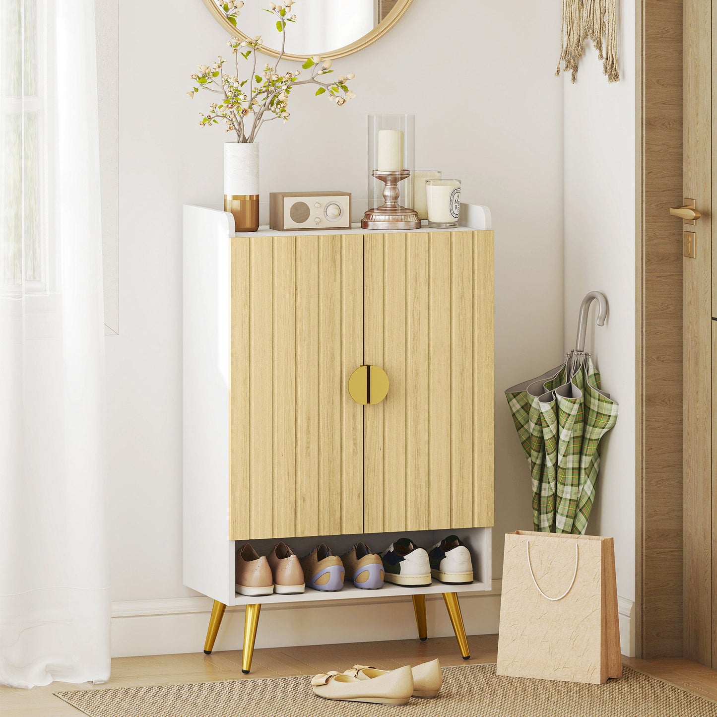 Entryway Shoe Storage Cabinet, Narrow Shoe Cabinet with Adjustable Shelves and Open Shelf for 15 Pairs of Shoes, Natural