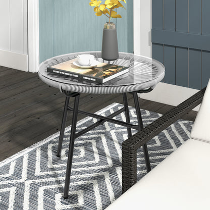 Rattan Side Table, Round Outdoor Table, with Round PE Rattan and Tempered Glass Table Top for Patio, Garden, Dark Grey - Grey