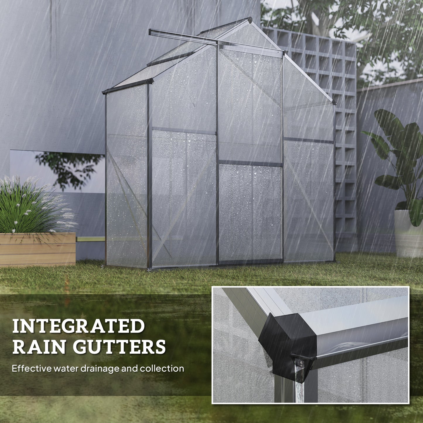6' x 2.5' Walk-in Polycarbonate Greenhouse Aluminium Green House with Sliding Door, 5-Level Roof Vent, Rain Gutter
