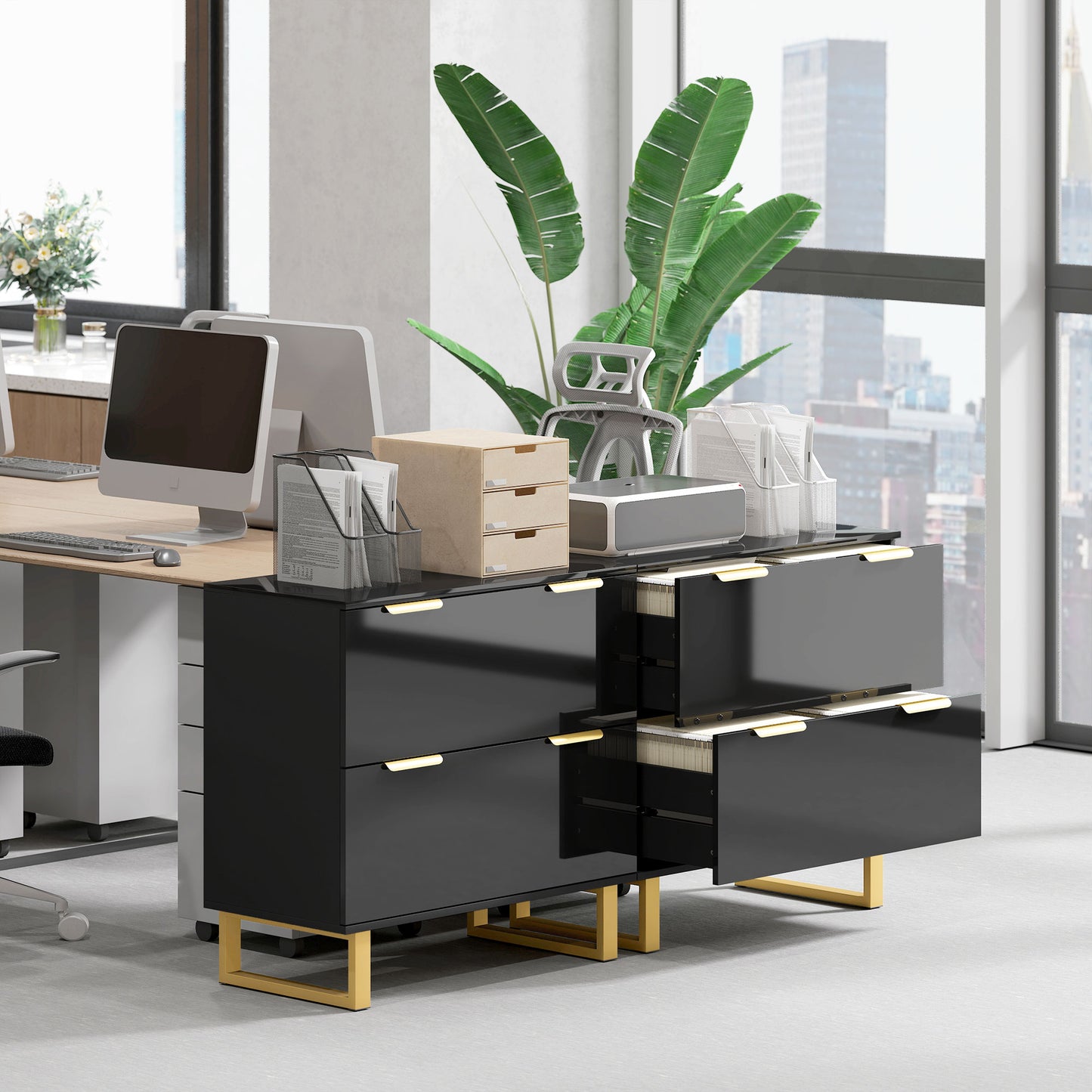 Lateral File Cabinet with 2 Drawers, Modern Filing Cabinet for Letter/A4/Legal Size Files, High Gloss Black