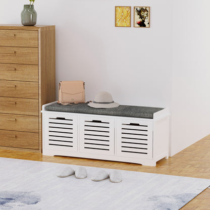 3-Drawer Shoe Storage Bench with Cushion - White