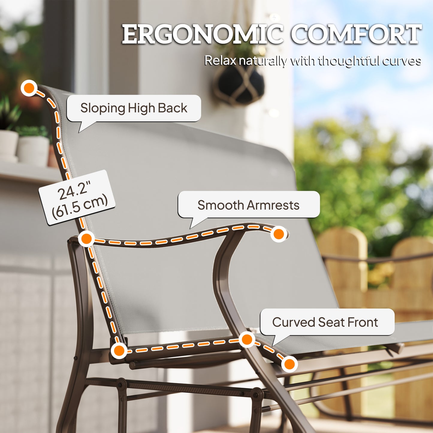 Garden Double Gliding Chair, Patio Glider Armchair for Outdoor, Backyard Mesh Seat and Backrest, Steel Frame, Light Grey