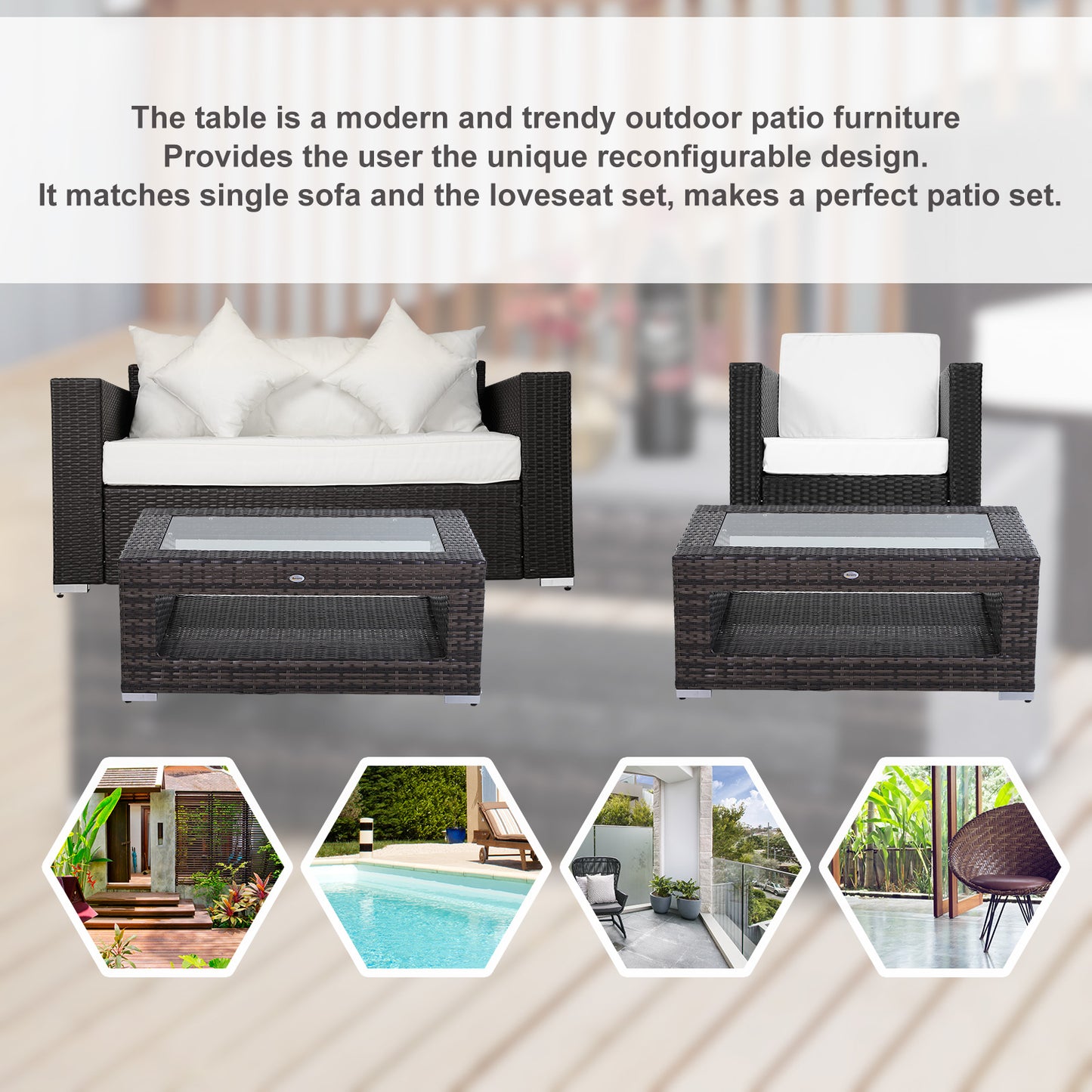 2-Tier Rattan Patio Coffee Table Wicker Patio Tea End Desk with Tempered Glass Top & Storage for Balcony, Backyard, Poolside
