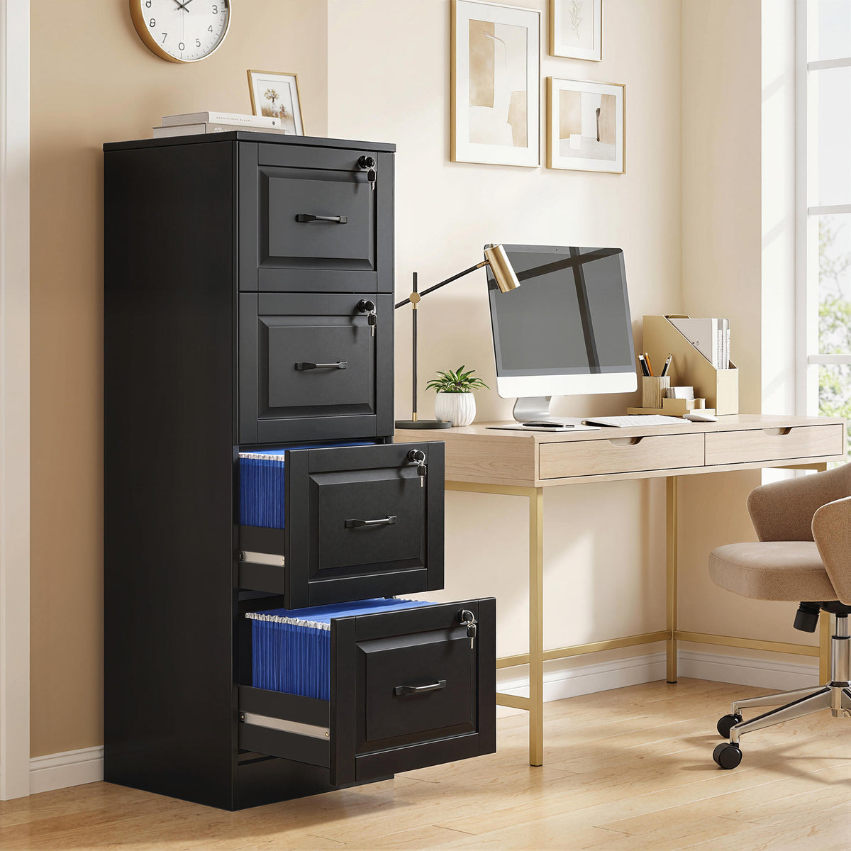4 Drawer File Cabinet with Lock, Vertical Filing Cabinet with Adjustable Hanging Bars for A4 and Letter Size, Black