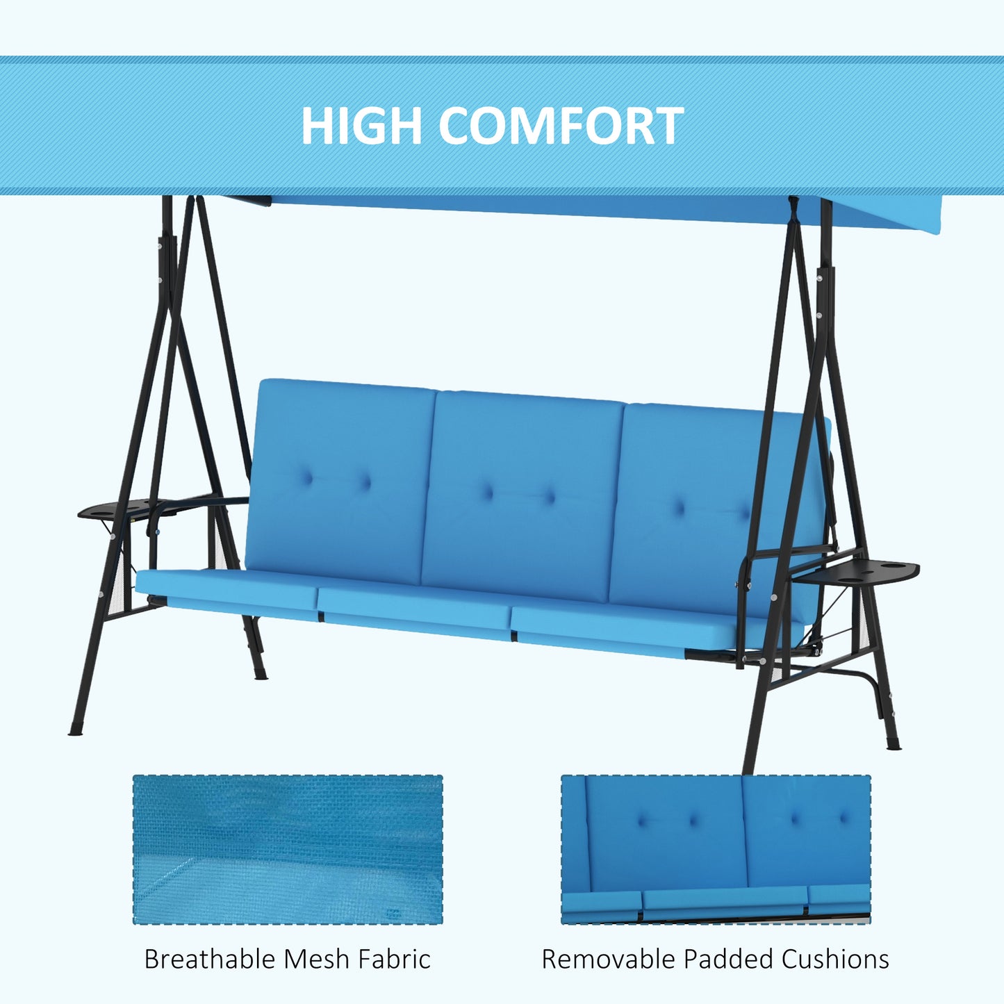 3-Seat Outdoor Porch Swing Patio Swing with Adjustable Canopy, Side Tray, Removable Cushion for Garden, Poolside, Grey