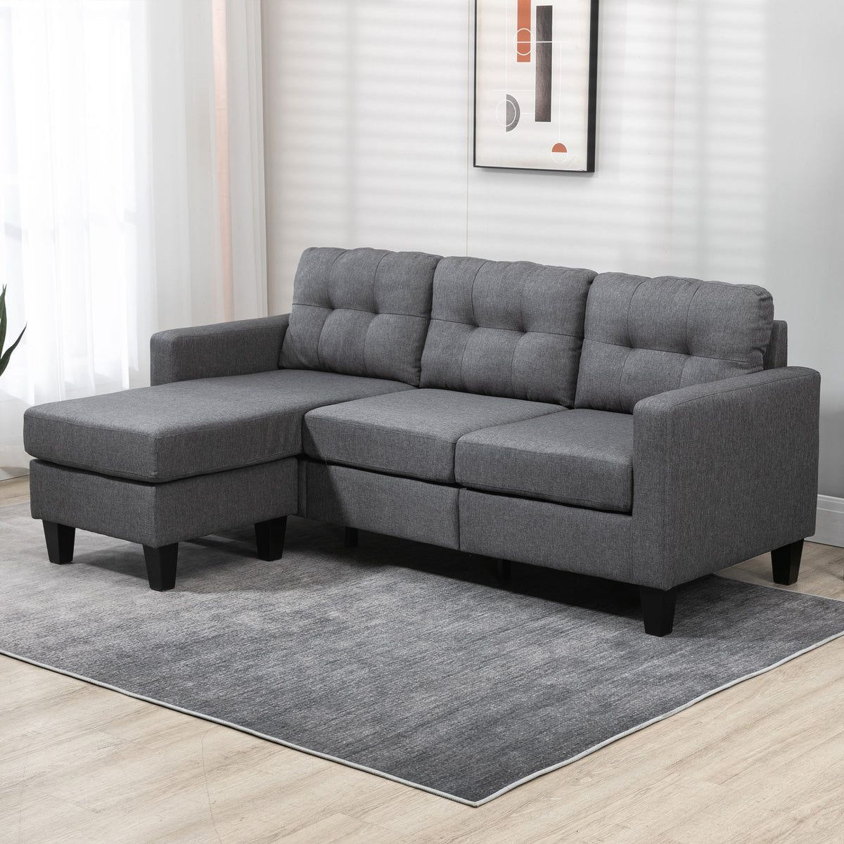 L-shaped Sofa, 3 Seater Couch with Ottoman, Corner Sofa with Thick Padded Cushion and Wood Legs, Dark Grey