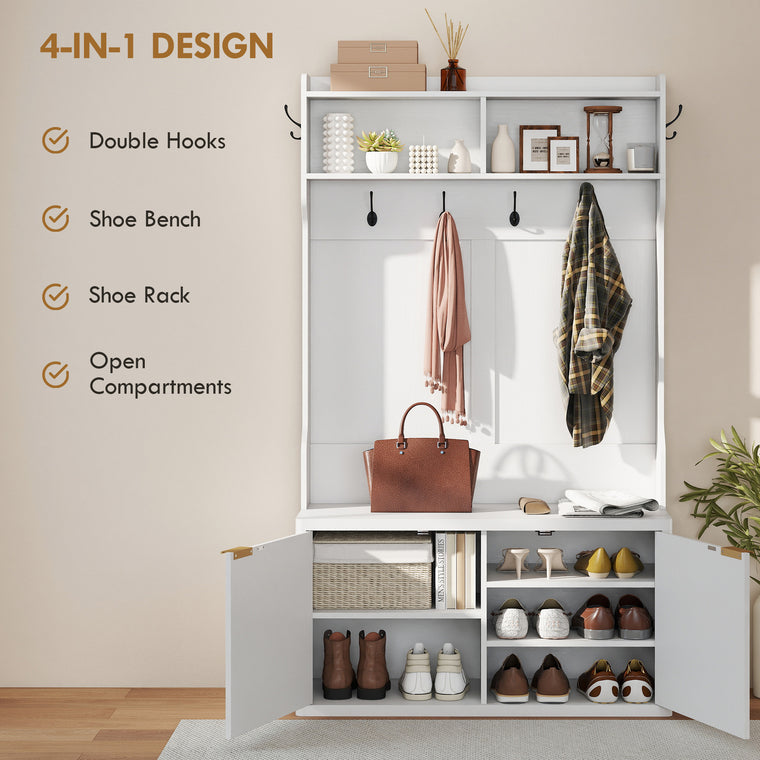 4-in-1 Hall Tree with Shoe Bench and Coat Rack - White