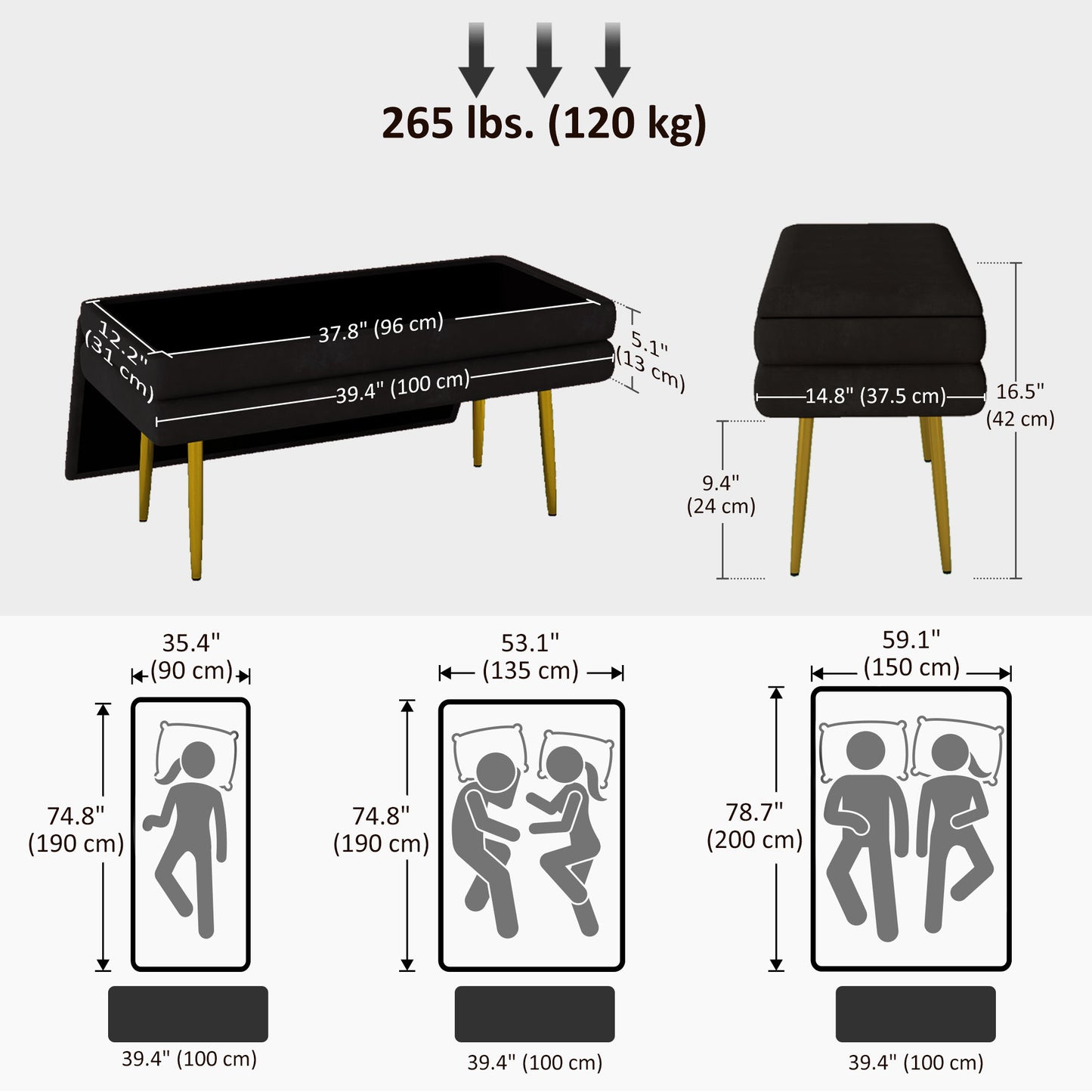 39" Storage Ottoman, Velvet End of Bed Bench with Steel Legs, Foot Stool with Storage for Bedroom, Living Room, Black
