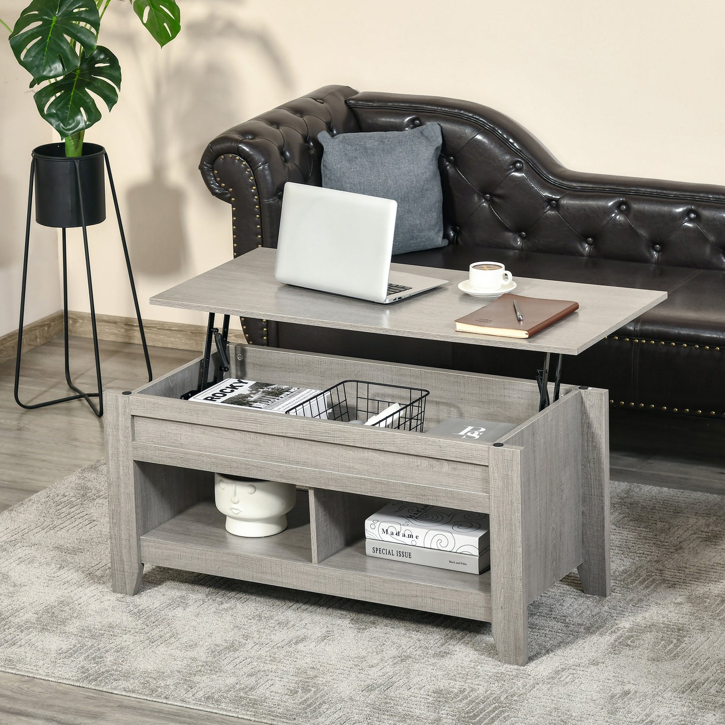Lift Top Coffee Table with Hidden Storage Compartment and Open Shelves, Lift Tabletop Pop-Up Center Table for Living Room, Light Grey