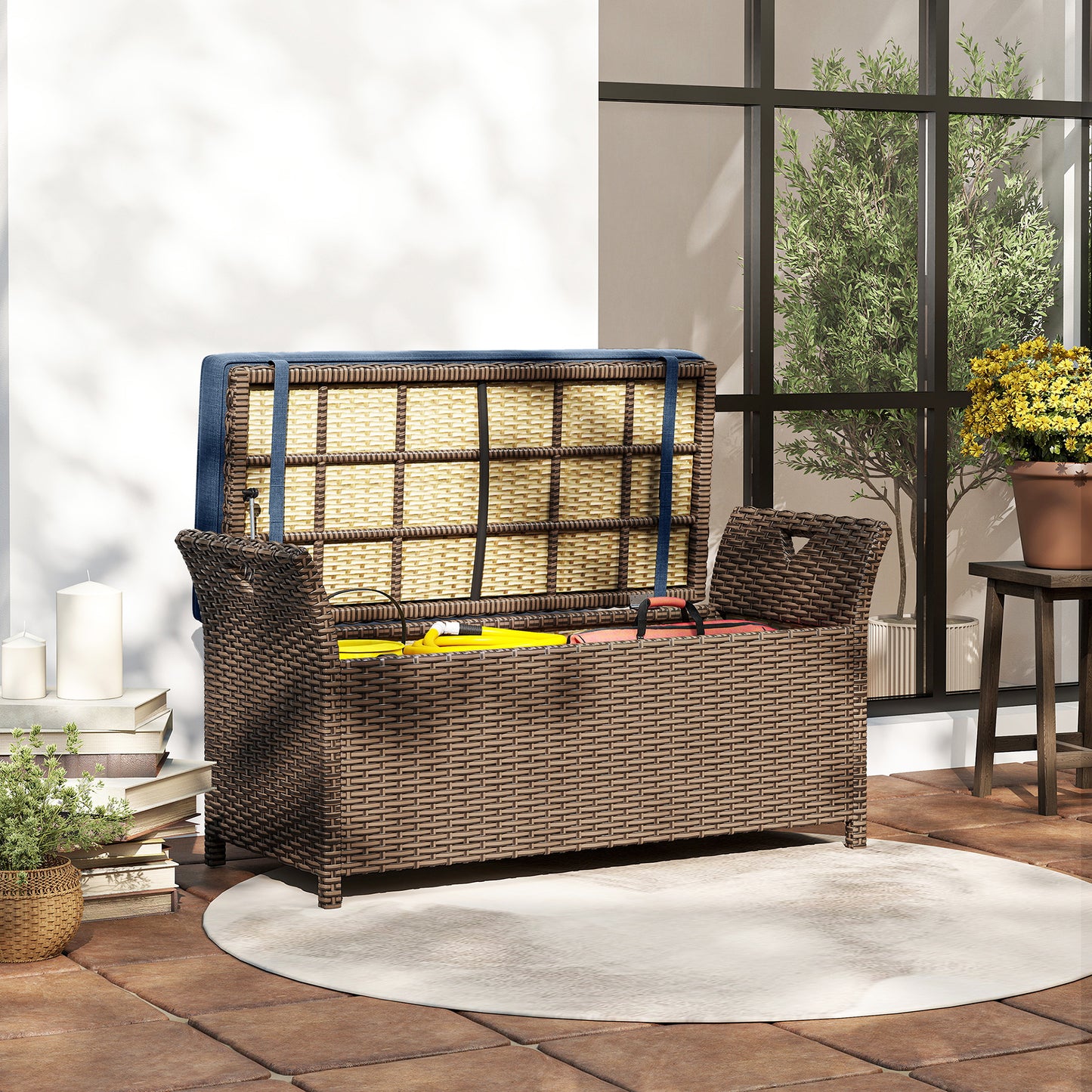 2-In-1 Outdoor Storage Bench, 29 Gallon Wicker Deck Box with Handles and Cushion, Navy Blue