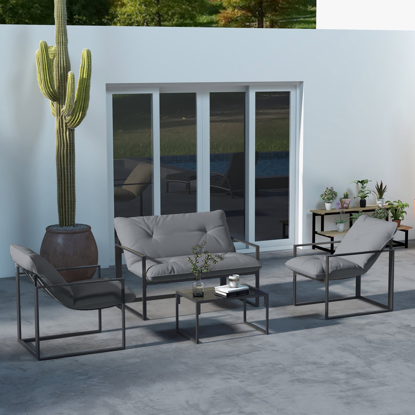 4 Piece Outdoor Furniture Set, Patio Conversation Set with Tempered Glass Table, Loveseat, Chairs, Cushions, Light Grey
