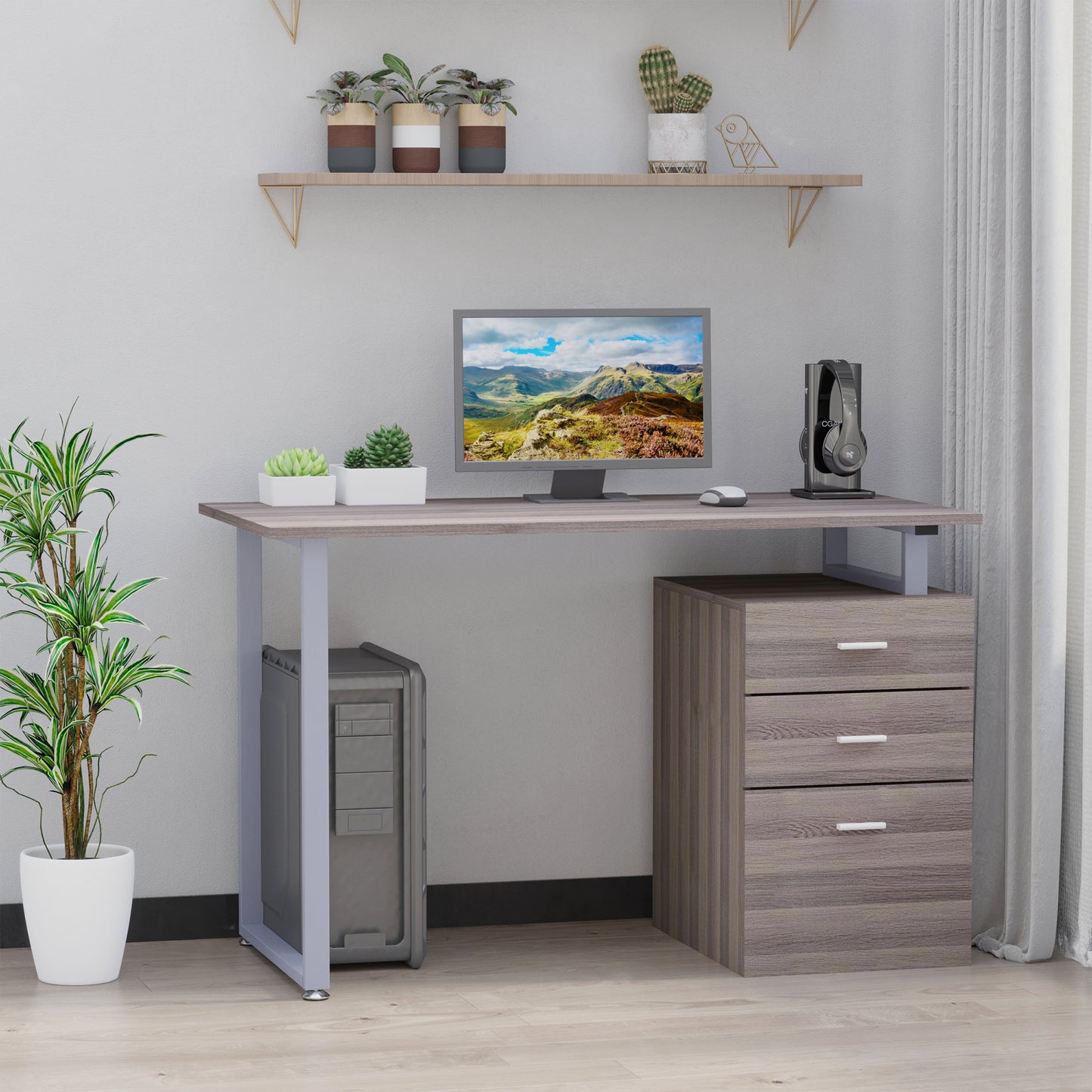 47" Computer Desk Writing Table Workstation with Multi-Use Reversible 3 Drawers Metal Frame Home Office Furniture, Dark Wood Grain