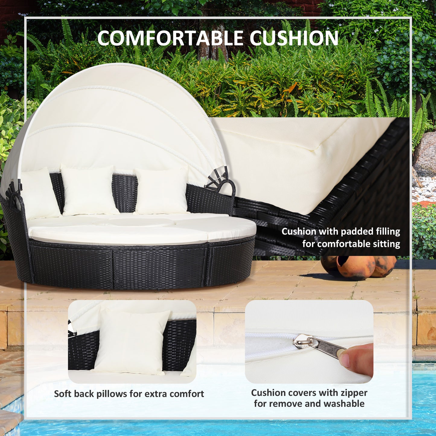 4 Pieces Outdoor Daybed with Retractable Canopy, Wicker Lounger Bed, Conversation Furniture Set, Dark Blue