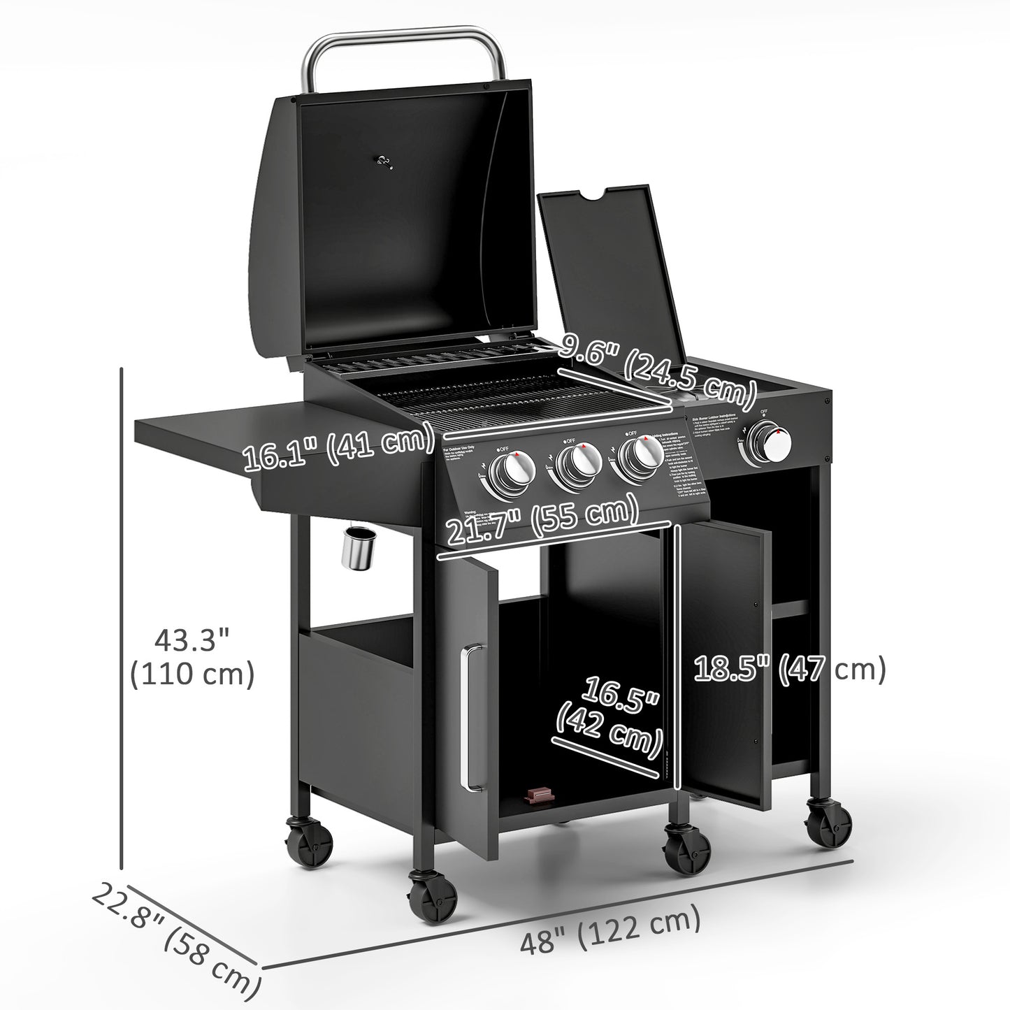 3 Burner Gas Grill with Side Burner, 9.5 KW Propane BBQ Grill, Cabinet Style with Shelves, Wheels, Instant Ignition