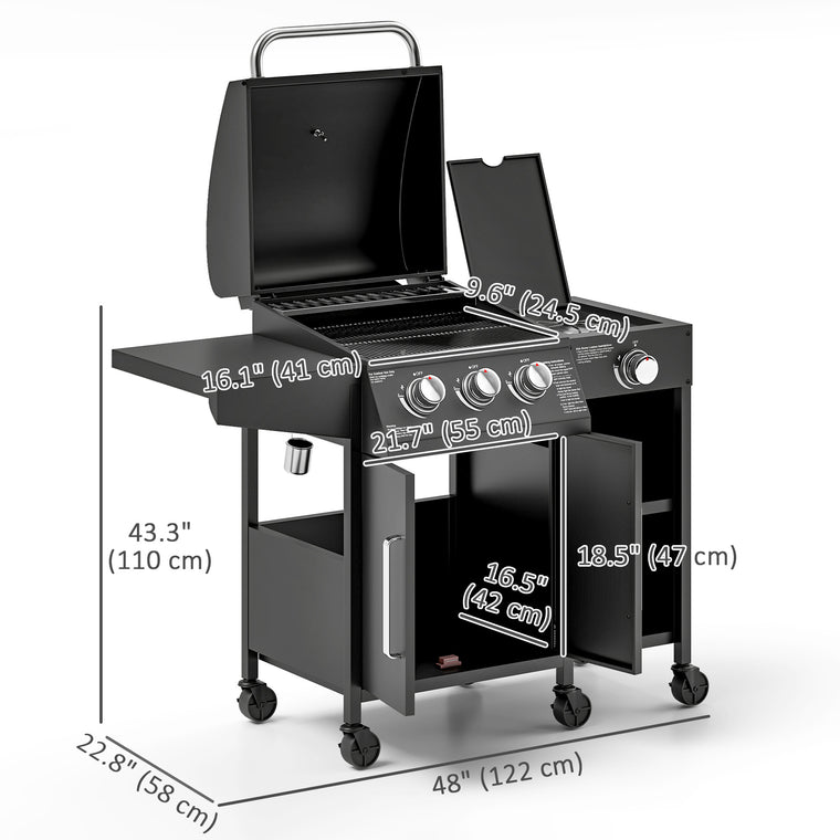 3-Burner Propane Gas Grill with Side Burner & Cabinet