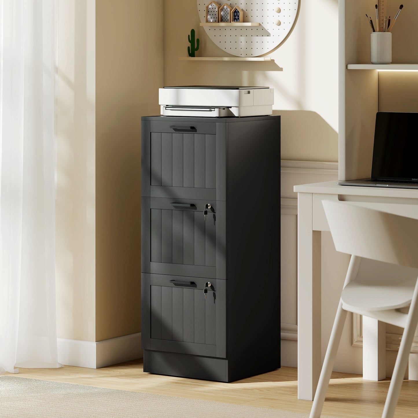 3 Drawer Filing Cabinet with Lock, Office Storage Cabinet with Adjustable Hanging Bars for A4 Letter Size Files, Black