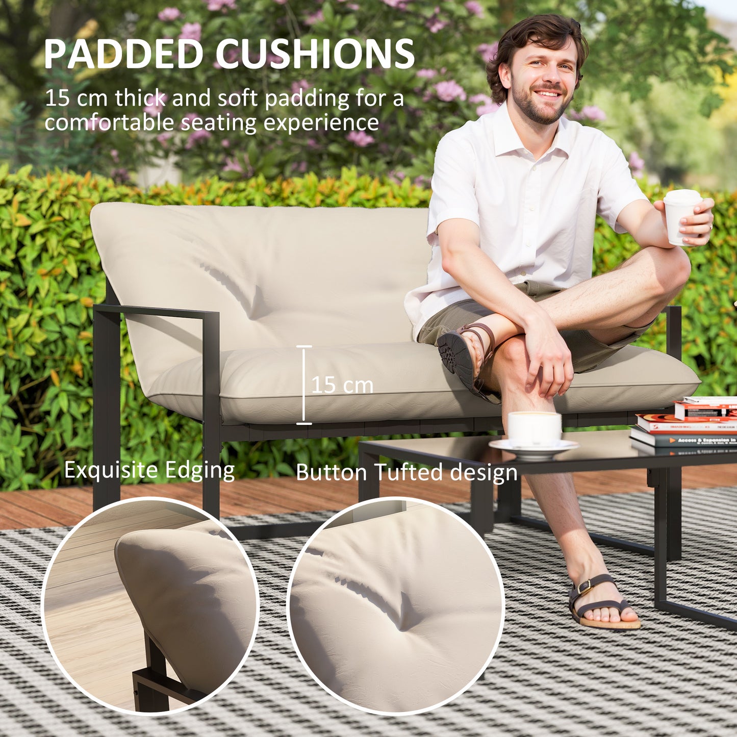 4 Piece Outdoor Furniture Set, Patio Conversation Set with Tempered Glass Table, Loveseat, 2 Chairs and Cushions, Beige