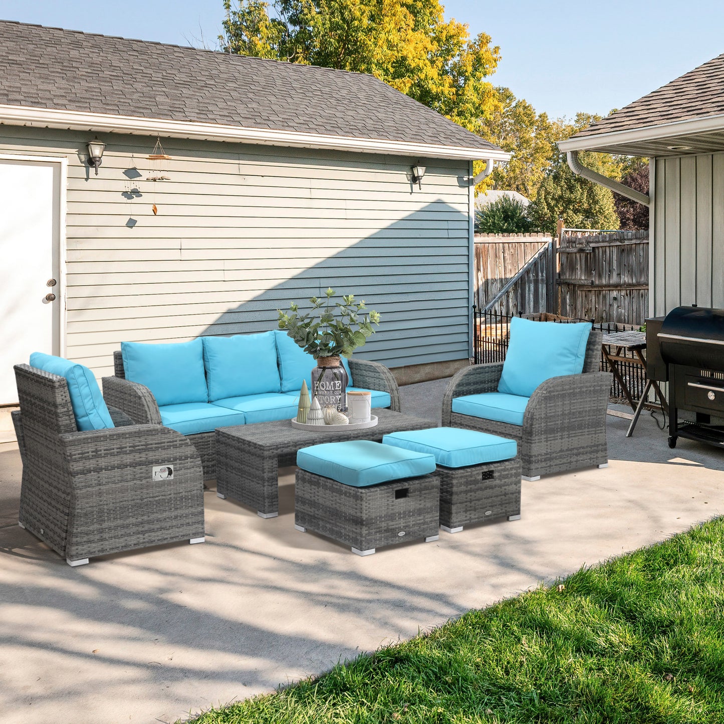 6 Pieces Patio Furniture with Cushions, PE Wicker Sectional Furniture Conversation Set with a 3-Seat Sofa, 2 Recliner Chairs, 2 Footstools, Table, Sky Blue