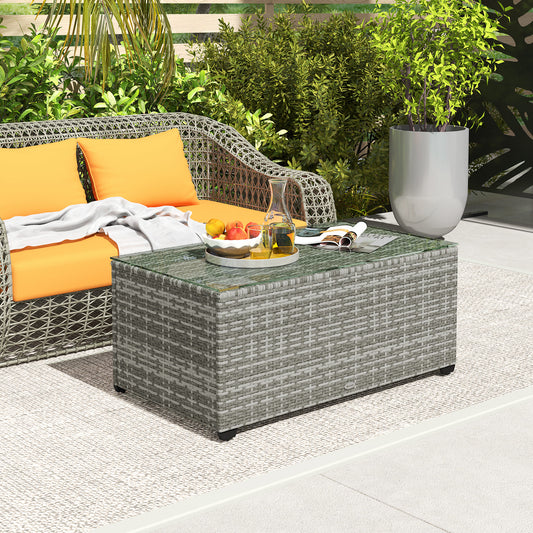 Wicker Outdoor Coffee Table, PE Wicker Rectangular Patio Table with Tempered Glass Top for Garden, Balcony, Light Grey - Light Grey