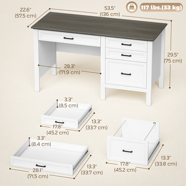 54" Farmhouse Executive Desk with Drawers - White