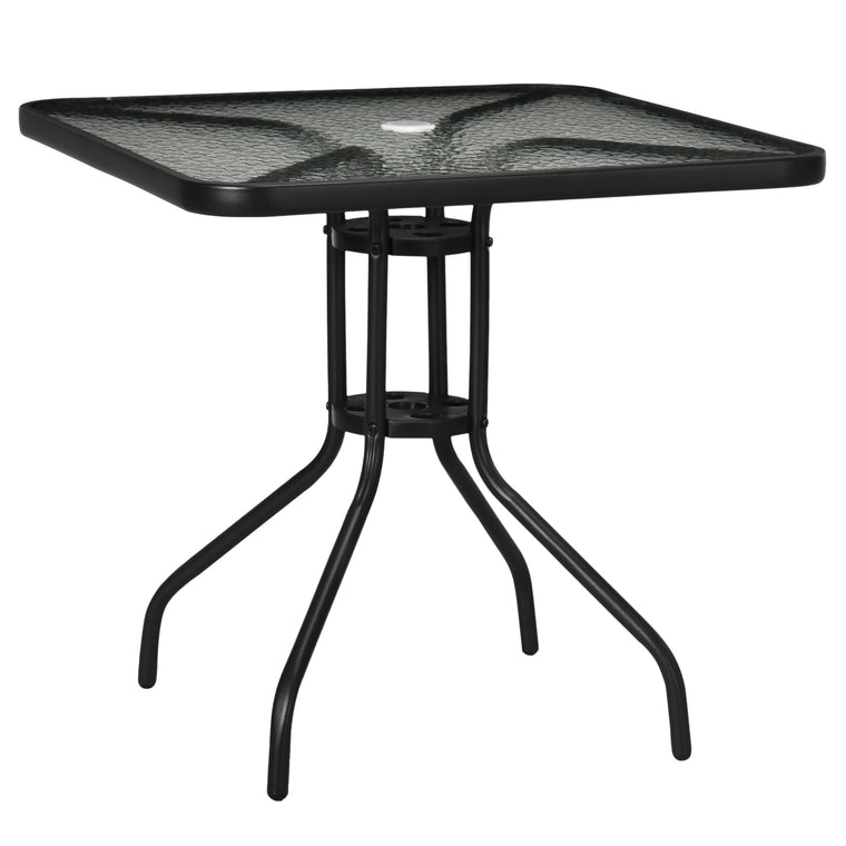 Black Square Dining Table with Glass Top and Umbrella Hole