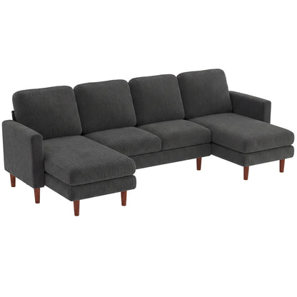 Sectional Sofa, Corduroy U Shaped Couch with Double Chaise and Spring Cushions, 2200lb Capacity - Dark Grey