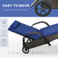 Patio Rattan Lounge Set, Wheeled Wicker Chaise Lounge Chair and Table with Tempered Glass Top, Dark Blue