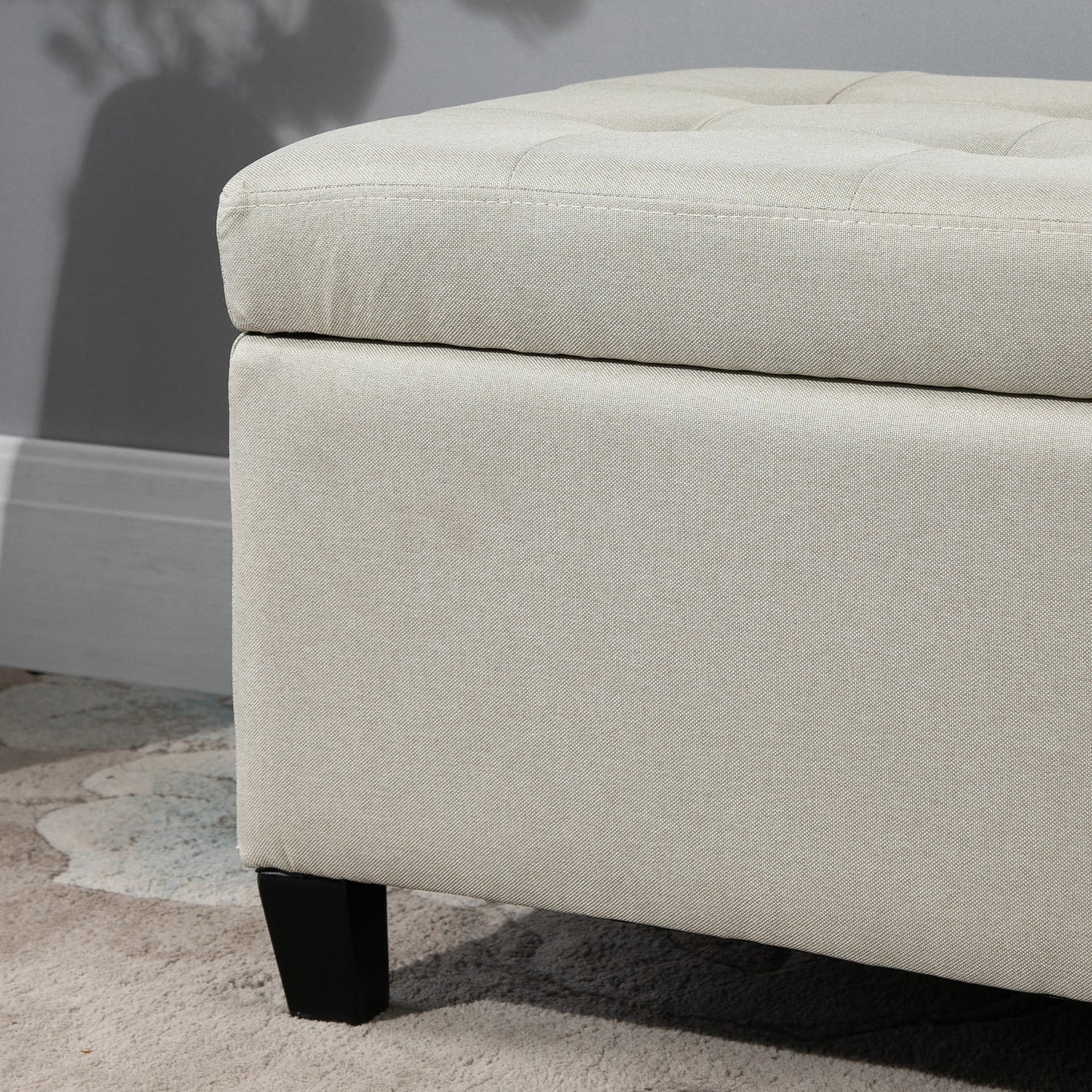 Rectangular Entry Bench, Tufted Upholstered Linen Fabric Wood Feet Storage Ottoman Bench, Beige
