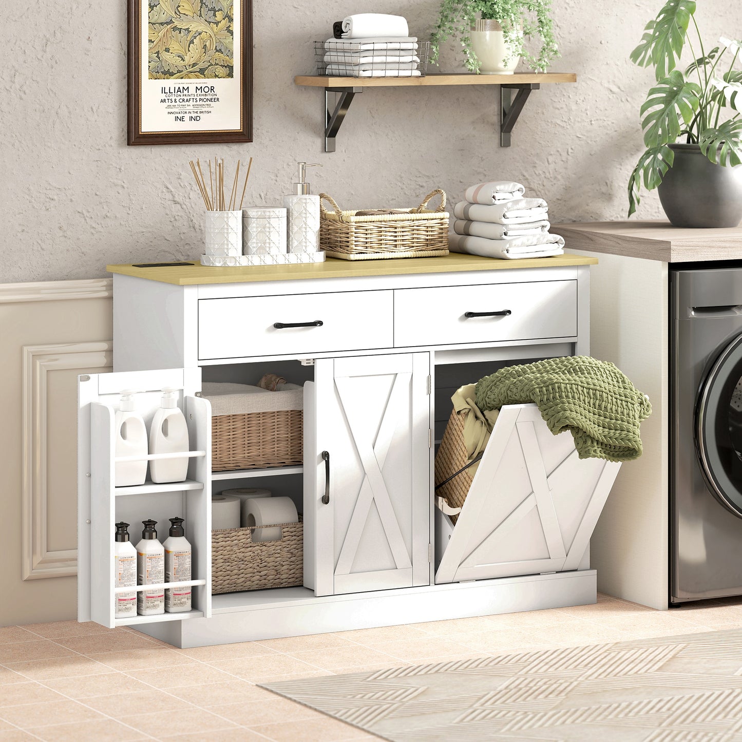 7 Gallon Tilt Out Garbage Cabinet, Kitchen Island with Charging Station, 2 Drawers, 4 Door Racks, White