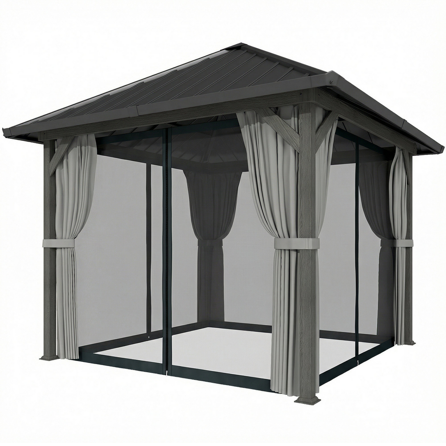 10' x 10' Hardtop Gazebo with Galvanized Steel Roof, Permanent Garden Gazebo with Netting and Curtains