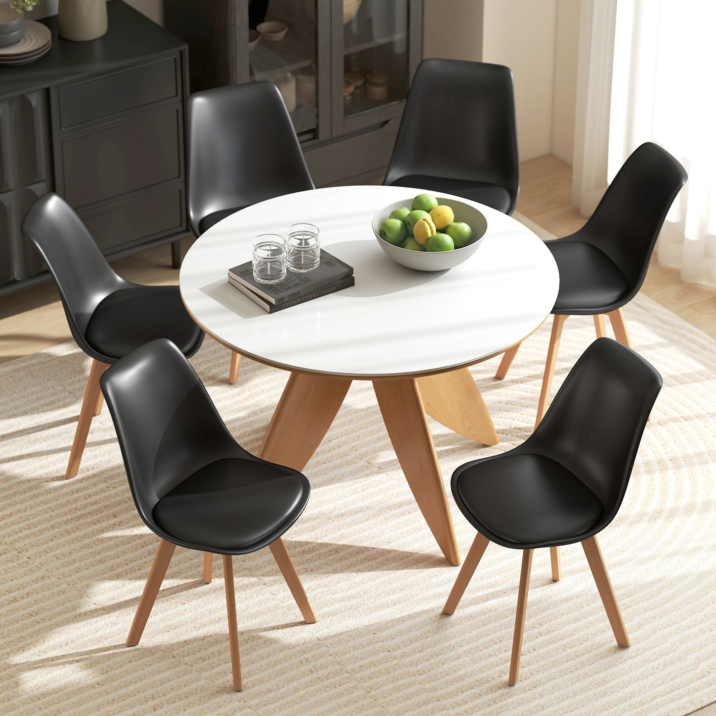 Modern Dining Table Chairs Set of 6, Rubber Wood Kitchen Table Chairs with PU Leather Cushion for Living Room, Bedroom