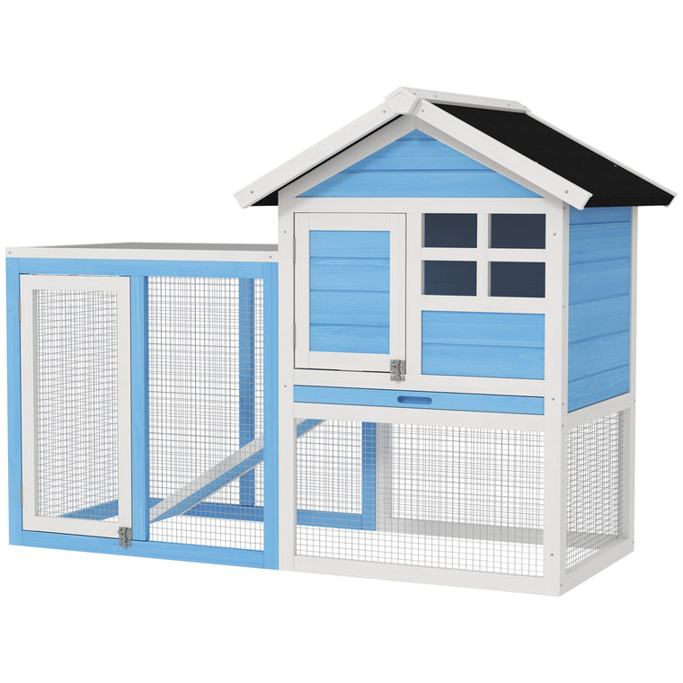 49" Wooden Rabbit Hutch With Slant Roof and Run, Light Blue