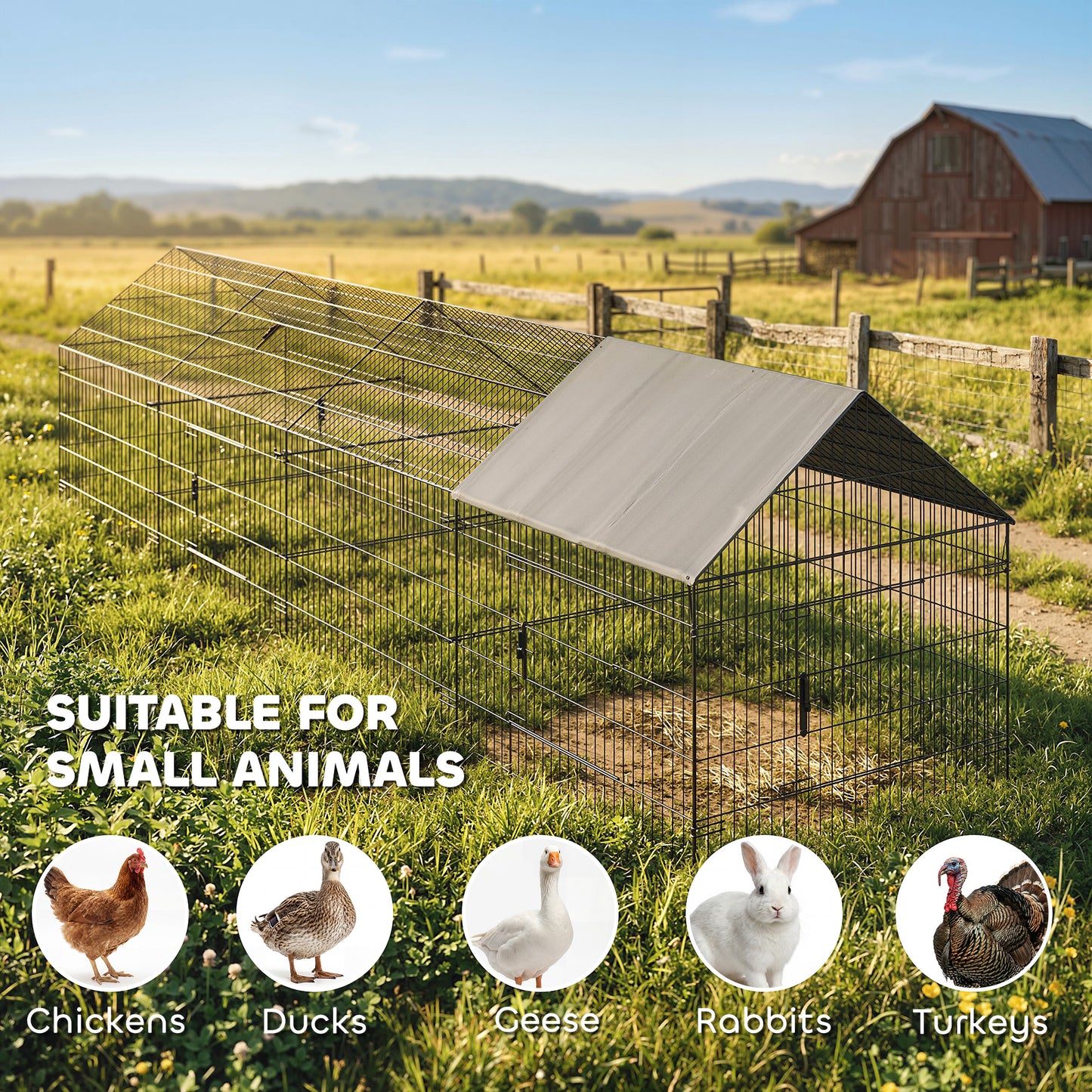 Metal Chicken Coop with UV-Resistant Cover for Hens, Rabbits, Ducks, Geese, 168.5" x 42.1" x 43.7", Grey