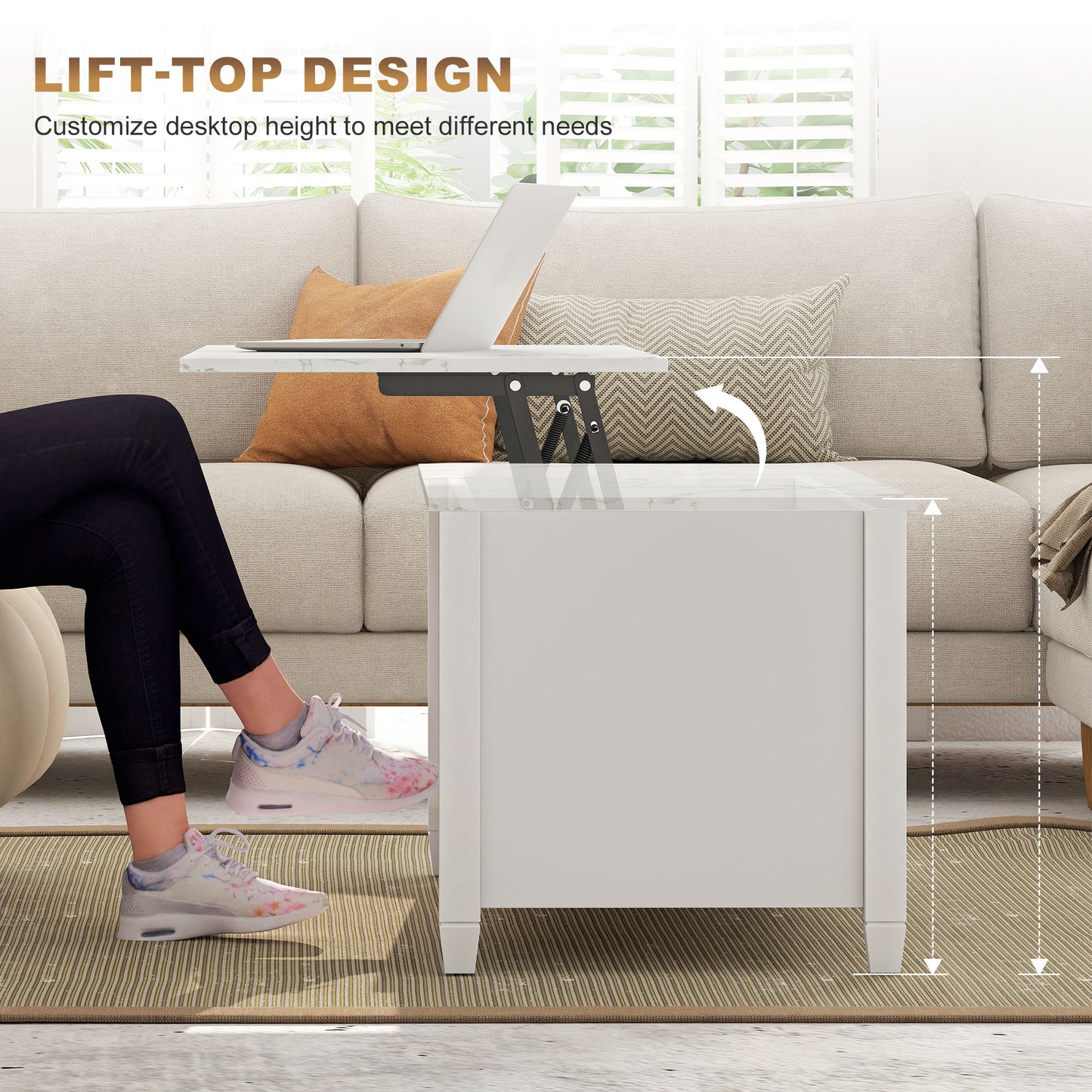 Lift Top Coffee Table, Modern Center Table with Storage Shelves and Hidden Compartment for Living Room, 41" L, White